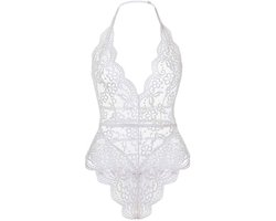 Bodysuit kant - Doorschijnend - Mesh - Sexy kanten lingerie - Erotiek - Dames - Lace - Transparante lingerie - Mesh bodysuit - Wit - One piece - Verleidelijke outfit - Jonyx