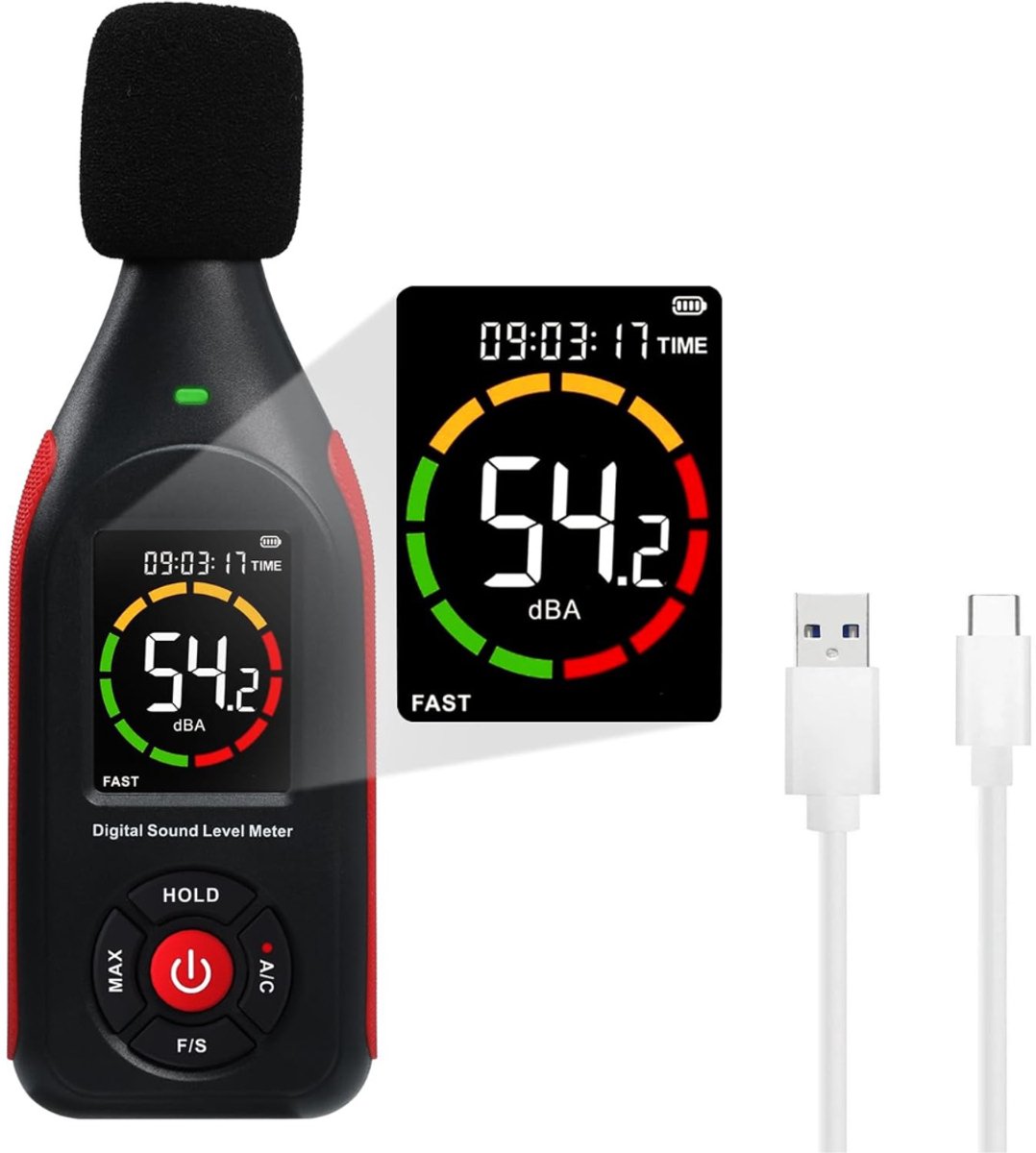 MRKK® Professionele Decibelmeter - DB Meter - Geluidsmeter - Zwart en Rood