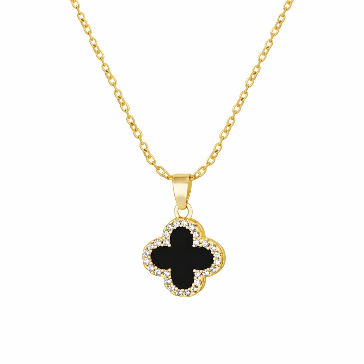 luxxie goud zwart klaver ketting-stainless steel ketting-clover ketting-rvs ketting-klaver-statement armband-bloem ketting-kado voor haar