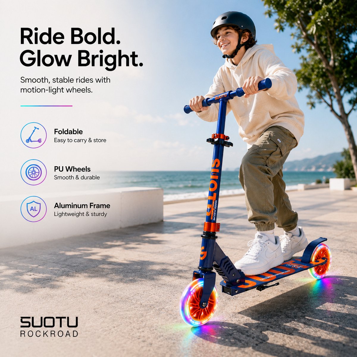 Suotu Kinderstep - 145mm Lichtgevende Wielen - Step - Speelgoed Jongens/Meisjes - Max stuurhoogte: 85 cm - Aluminium - Blauw/Oranje — afbeelding 8