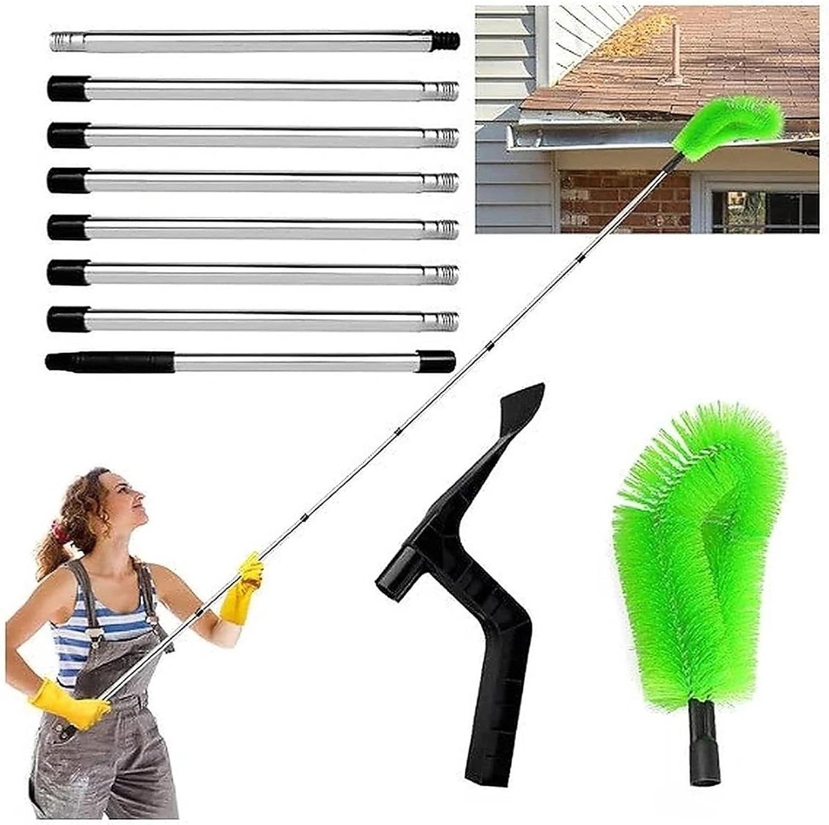 Gootreinigingsgereedschap - Telescopische borstel schep - Dakgoten reinigen - 2-in-1 functie - 320 cm uitschuifbaar - Grijs