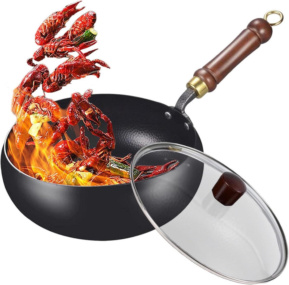 Grote Wokpan Koekenpan Aziatisch Koken Ergonomische Houten Handgreep 24 cm Zwart