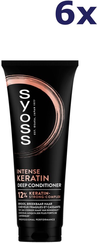 Tube noir Syoss Intense Keratin Deep Conditioner, avec '6x' dans un cercle jaune.