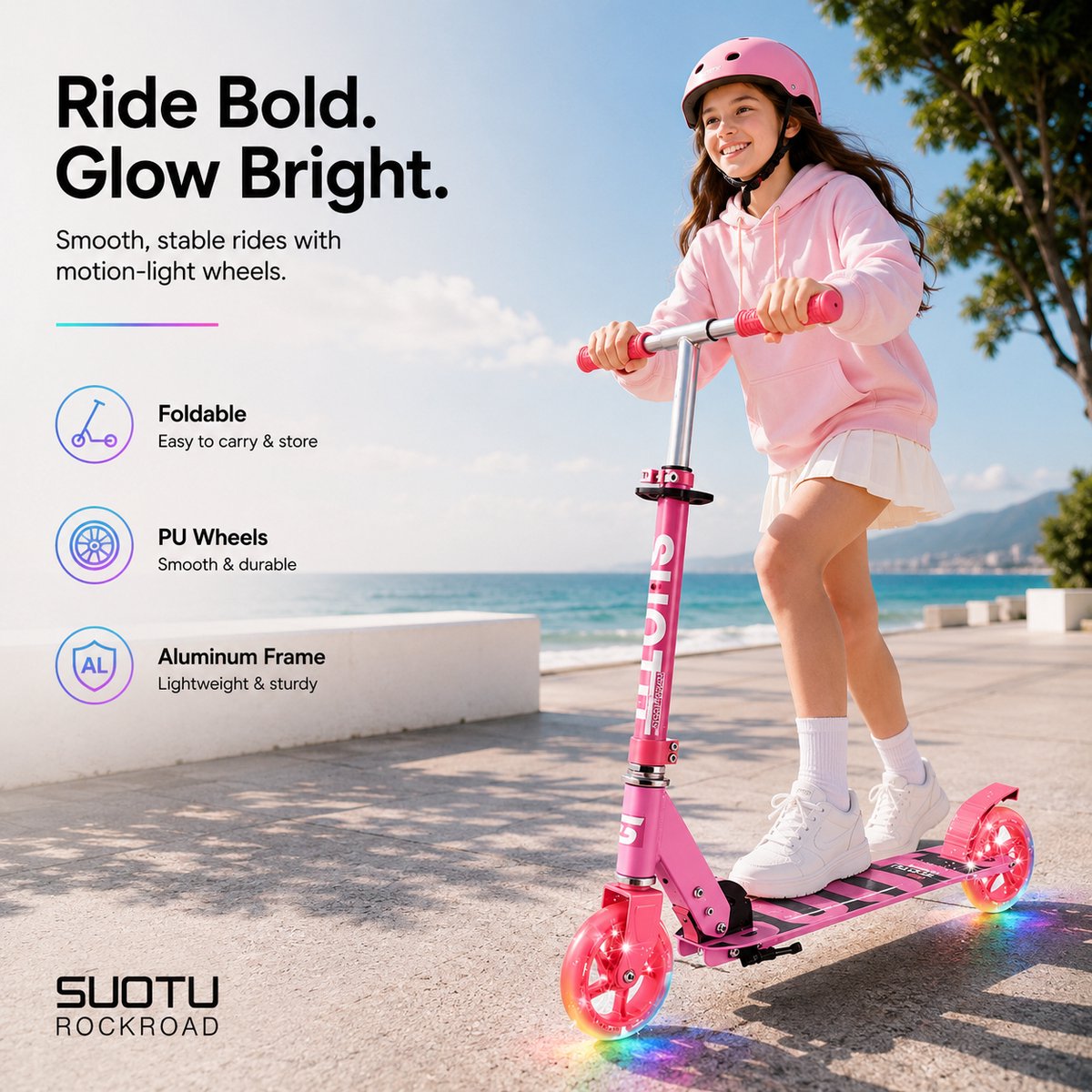 Suotu Kinderstep - 145mm Lichtgevende Wielen - Step - Speelgoed Jongens/Meisjes - Max stuurhoogte: 85 cm - Aluminium - Rode roos — afbeelding 2