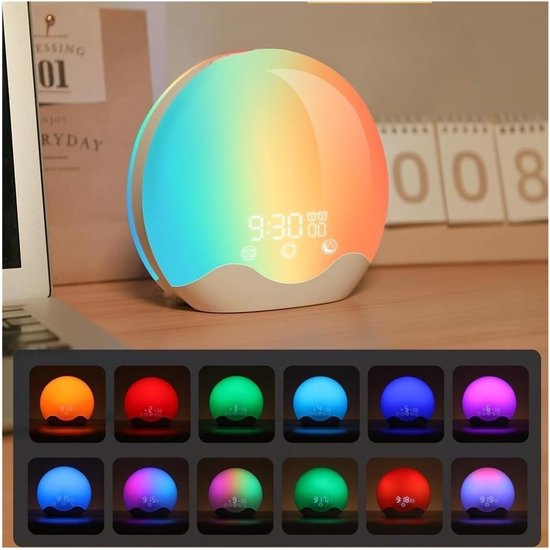 Wekker met licht - Wake-up light - Zacht ontwaken - Simuleert zonsopgang - 180 mm breed - Meerdere kleuren — afbeelding 2