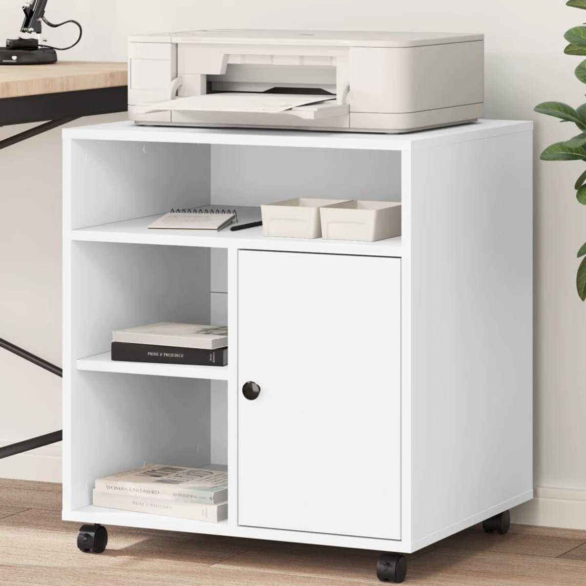 Printerstandaard - Mobiele houder - Kantoor organiseren - Met wieltjes - 60 x 50 x 67 cm - Wit