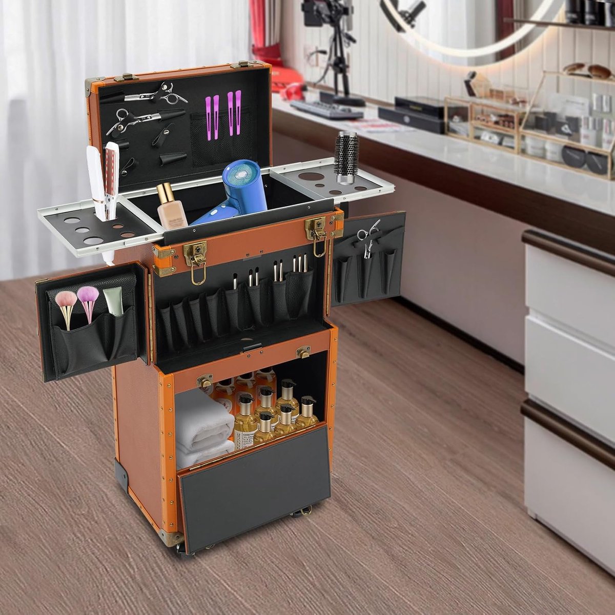 Cosmetica Trolley - Make-up Koffer - Professioneel Gebruik - 4-in-1 Systeem - 38 x 25 x 82 cm - Koffiekleur