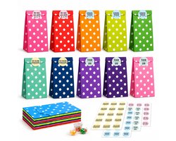Averla - 50x Papieren Uitdeelzakjes - Traktatiezakjes Kinderfeestje - Cadeauzakjes met 60 Stickers - Snoepzakjes - Bedankjes Bruiloft & Babyshower - Polkadot - 13x8x24cm