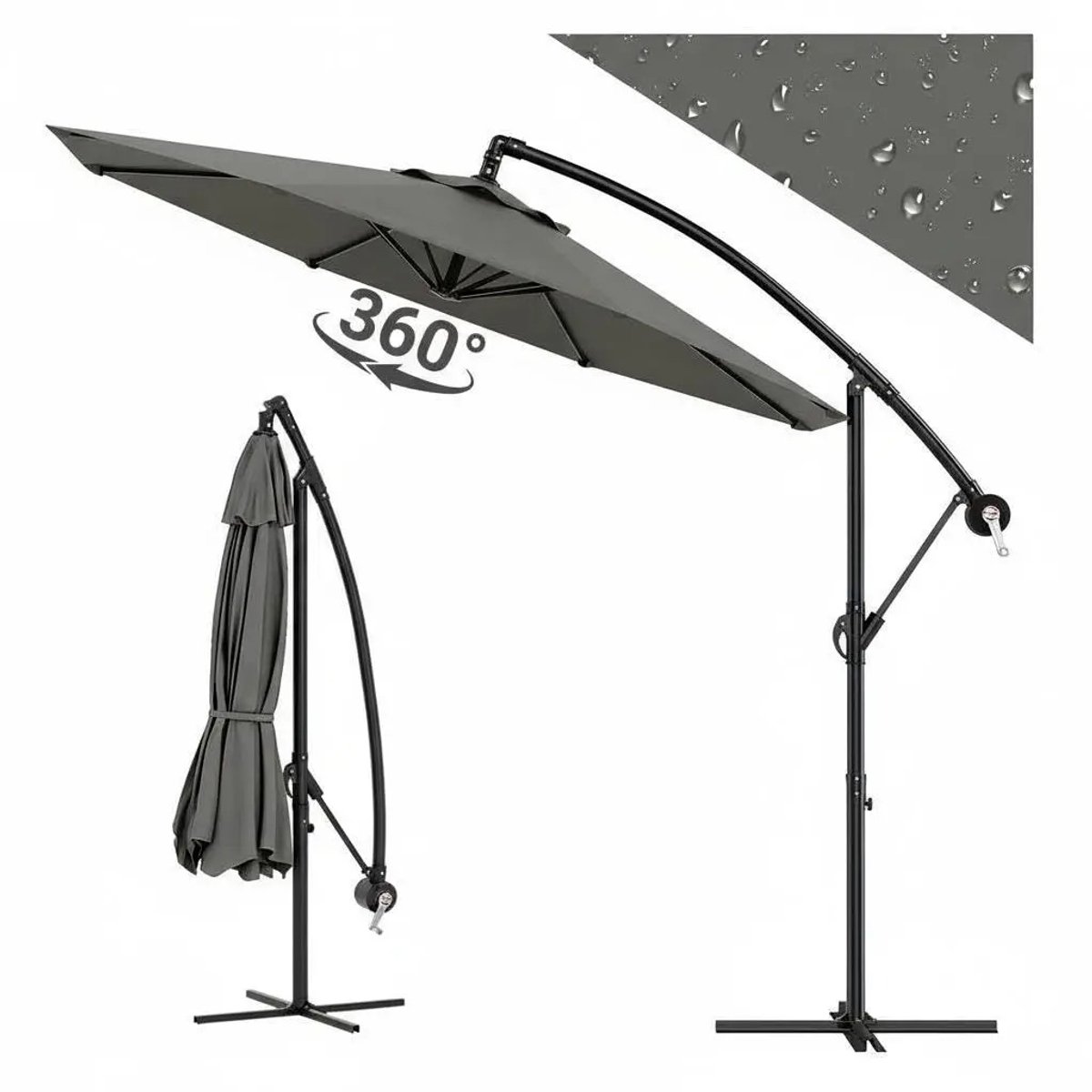 VIEMAE Parasol - Zweefparasol - Tuinparasol - Kantelbaar - 360° draaibaar - Waterafstotend - Versterkte kruisvoet - 300cm - Grijs – foto 8