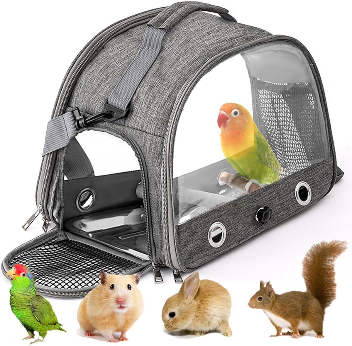 Vervoerstas Vogel - Transporttas - Huisdier - Zitstok - Schouderband - Opvouwbaar - Ritssluiting - Ventilatie - Grijs
