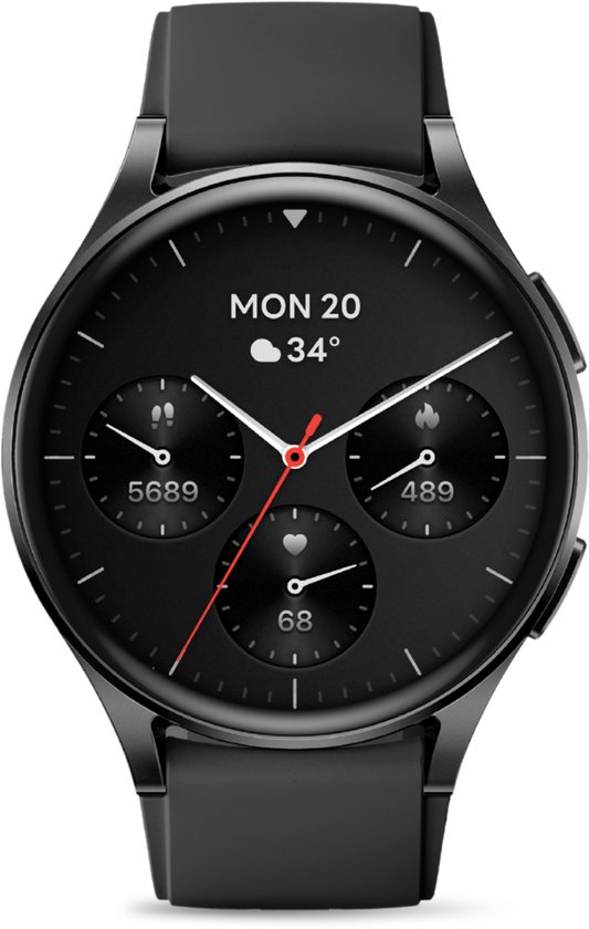 Een zwarte smartwatch met ronde wijzerplaat. Toont datum, temperatuur, stappen, calorieën en hartslag.
