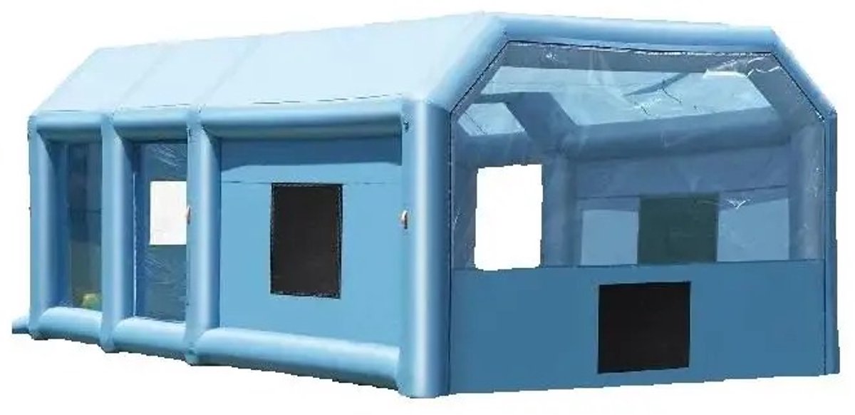 Opblaasbare Spuitcabine 4x3x2,75m - Draagbare Verfcabine met 750W Blower - Dubbellaags Filterkatoen en Actief Koolfilter - Spatwaterdicht PVC Materiaal - Transparante Ramen - Snelle Opbouw - Geschikt voor Auto en Motor