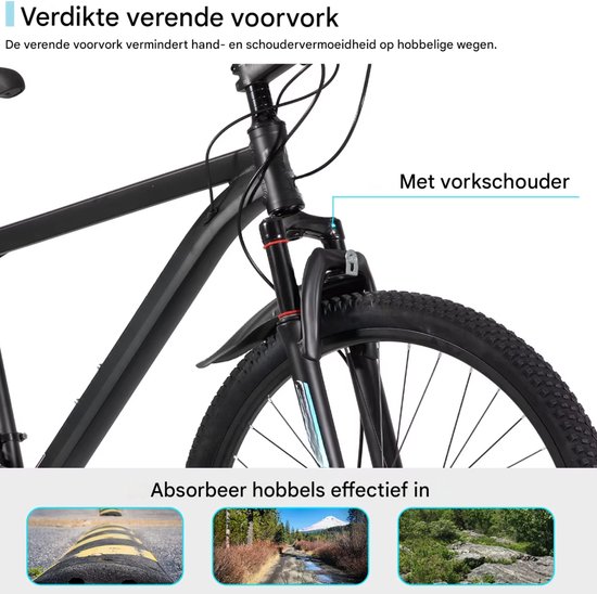 Mountainbike - Voor heren en dames - Hardtail, 21 versnellingen, schijfremmen - 66 cm / 70 cm wielen, zwart, aluminium frame — afbeelding 4