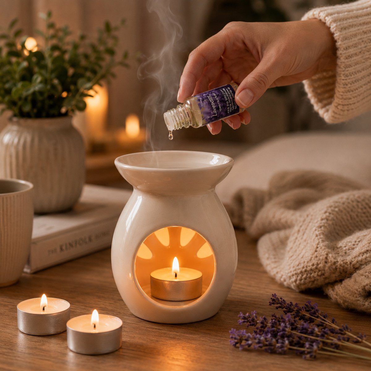 EasyMart Geurbrander Set - Keramische Aromabrander & Oliebrander met 12 Geuroliën en 2 Waxinelichtjes - Huisparfum Cadeauset - Kerstcadeau — cadeau in Wonen & Interieur - foto 5