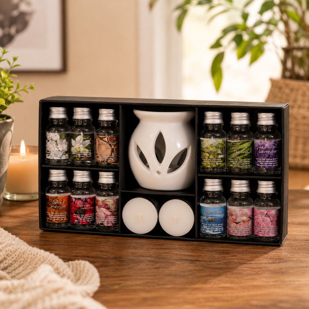 EasyMart Geurbrander Set - Keramische Aromabrander & Oliebrander met 12 Geuroliën en 2 Waxinelichtjes - Huisparfum Cadeauset - Kerstcadeau — cadeau in Wonen & Interieur - foto 8