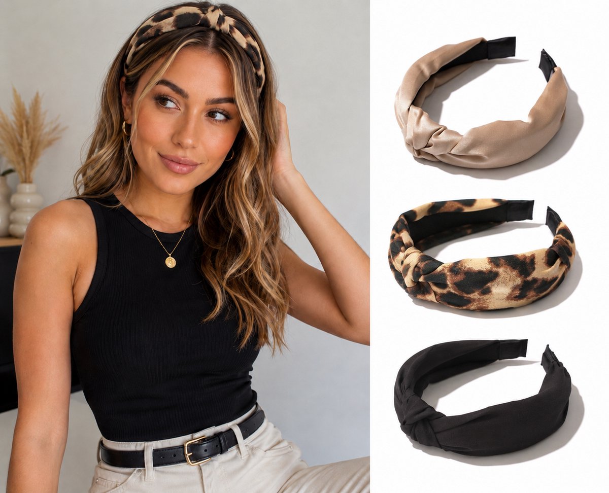 3 Stuks – Dames Diadeem Haarbanden Volwassene – Beige, Zwart & Luipaard Print – Modieuze Haaraccessoires voor Elke Gelegenheid