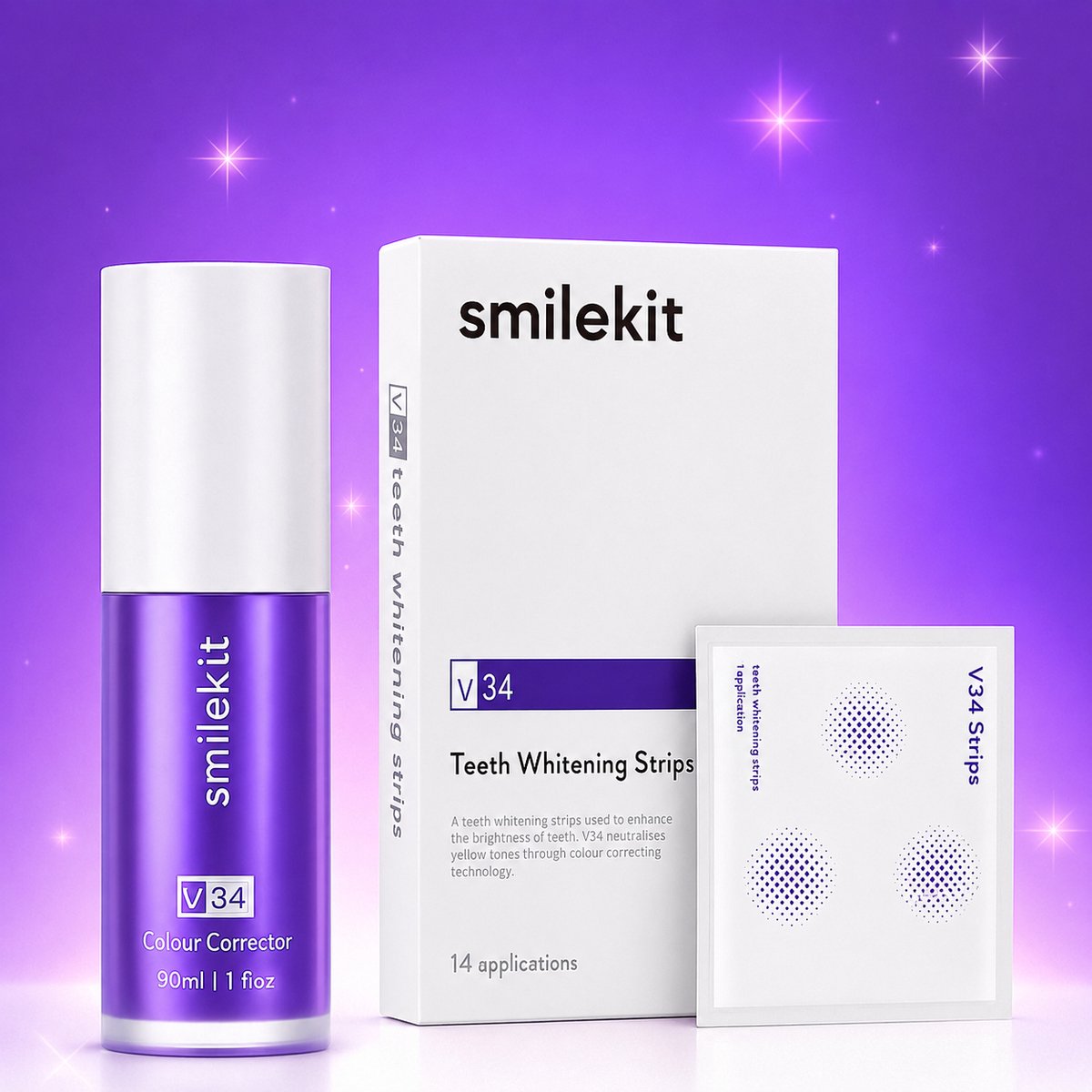 Smilekit - Tandenbleekset - V34 Colour Corrector Serum & Pap+ Whitening Strips - Tot wel 9 tinten lichter- Witte tanden - Paarse Tandpasta - tanden bleken zonder peroxide - Smilekit - Hollywood White - Bleek strips - Kleurcorrector