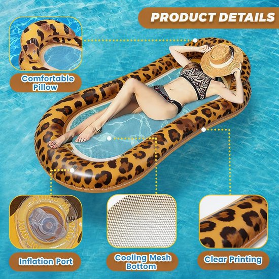 Opblaasbare zwemband - Drijvende matras Waterhangmat - Ontspannen in water - Ademend mesh ontwerp - 145 x 73 cm - Luipaardbruin — afbeelding 4