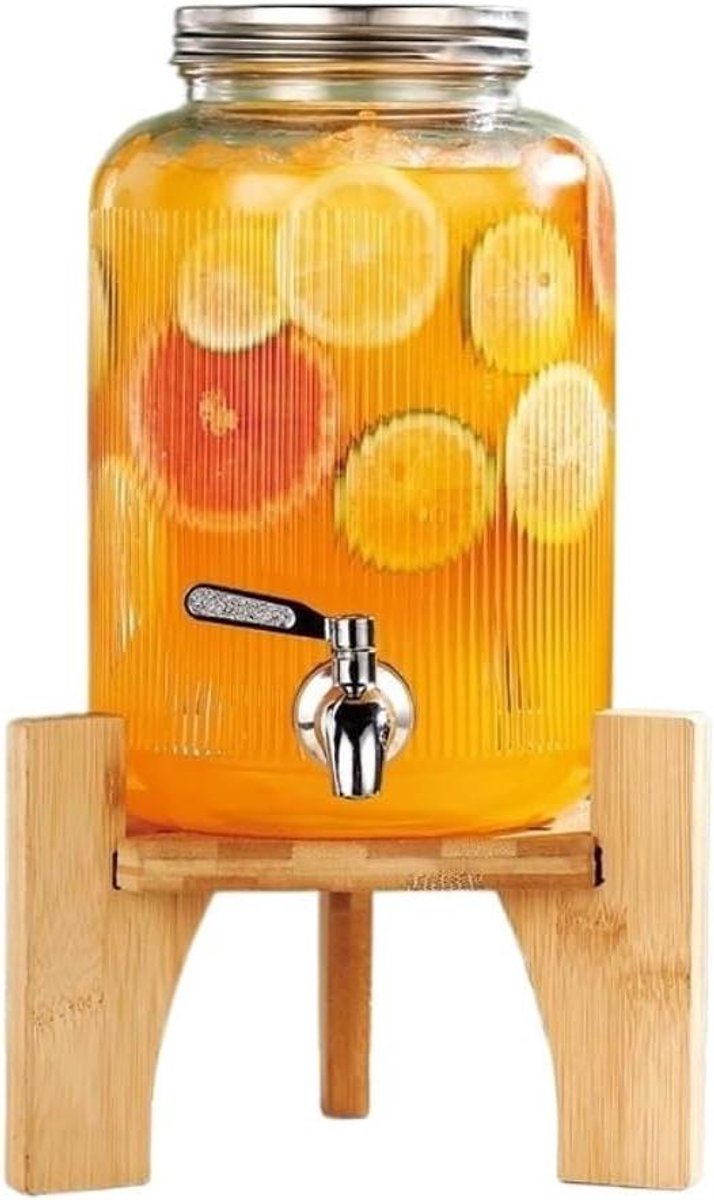 Drankdispenser - IJstheekan - Feestelijke Drankjes - Met Houten Standaard - 4L - Transparant