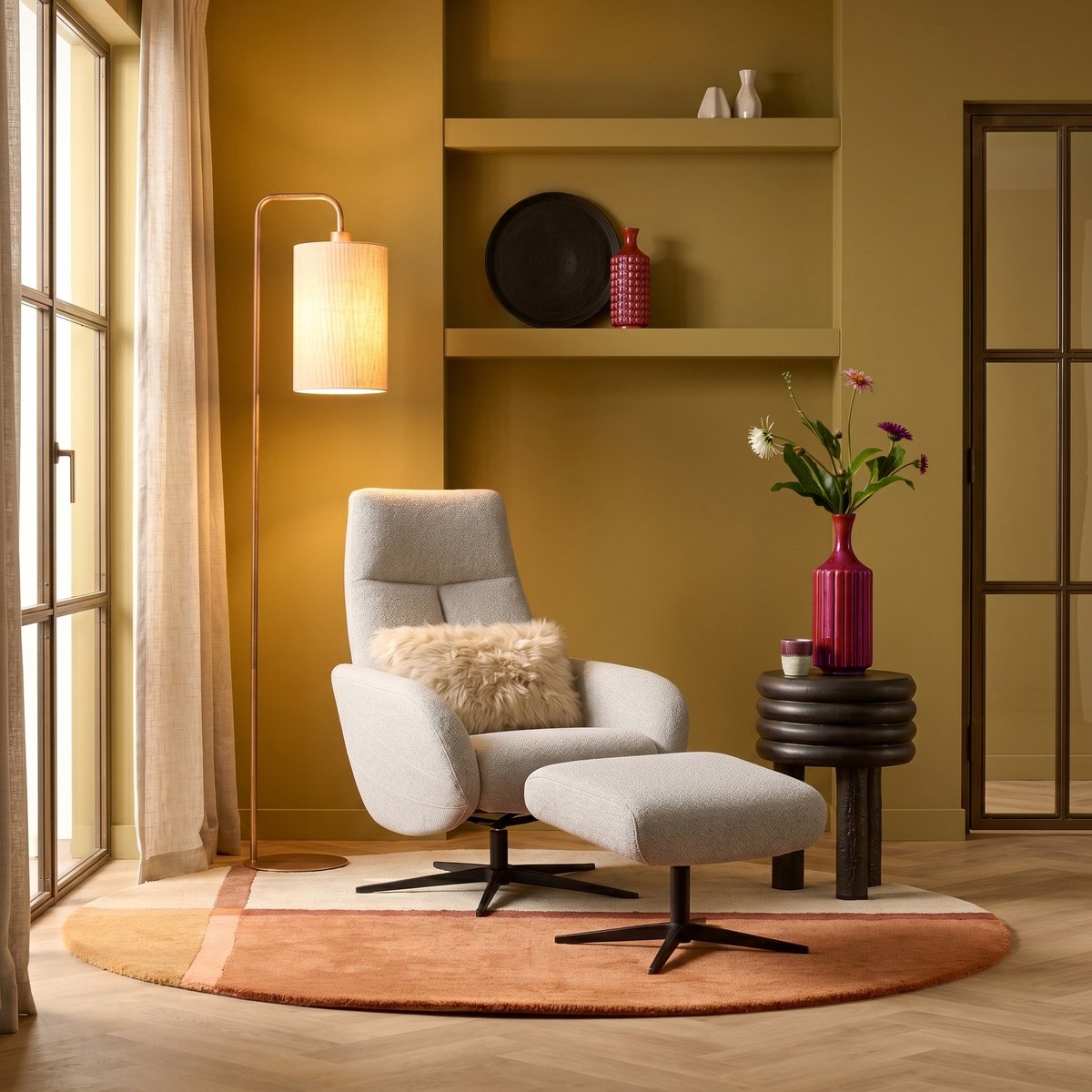 Dainty Relaxfauteuil met Hocker - Shell Stof - Draaibaar & Verstelbaar
