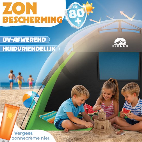 ELONEO Pop-up Strandtent UV-bescherming 80+, Lichtgewicht en compact inkl. draagtas, Strandzonwering & windbescherming voor baby’s en volwassenen - XL Groen van ELONEO — afbeelding 4