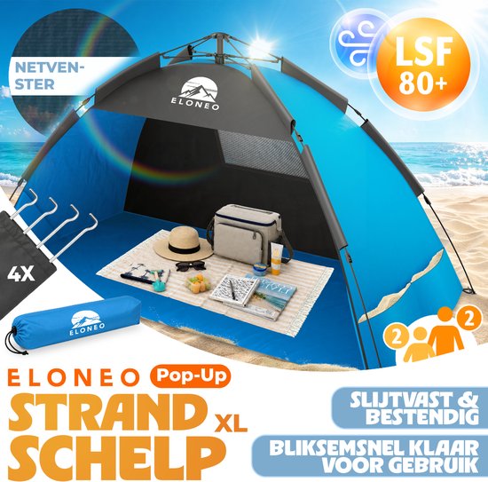 ELONEO Pop-up Strandtent UV-bescherming 80+, Lichtgewicht en compact inkl. draagtas, Strandzonwering & windbescherming voor baby’s en volwassenen - XL Blauw van ELONEO — afbeelding 5