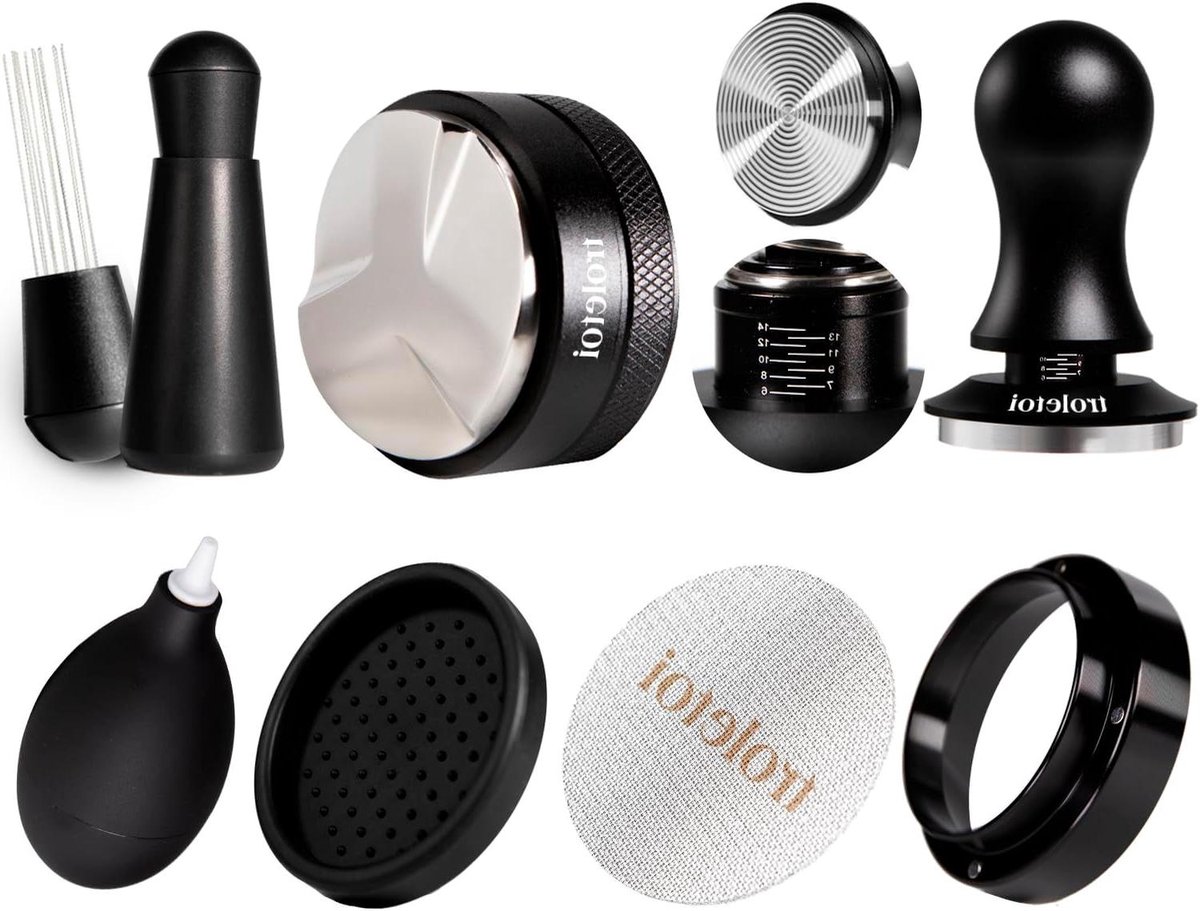 Espresso Accessoires Set - Koffie Barista Gereedschap - Perfecte Espresso Maken - Verstelbare Veerbelaste Tamper - 7-delig 51mm - Zilver