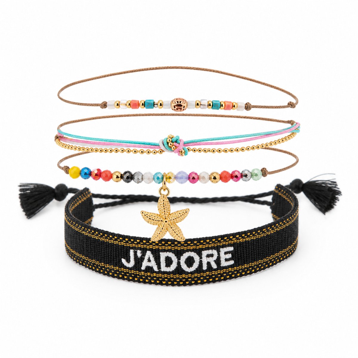 Engravia by Derya - 4-delige Armbandenset – J’Adore Armband – Kleurrijke Kralen – Ster Hanger – Boho & Trendy – Dames Armbanden