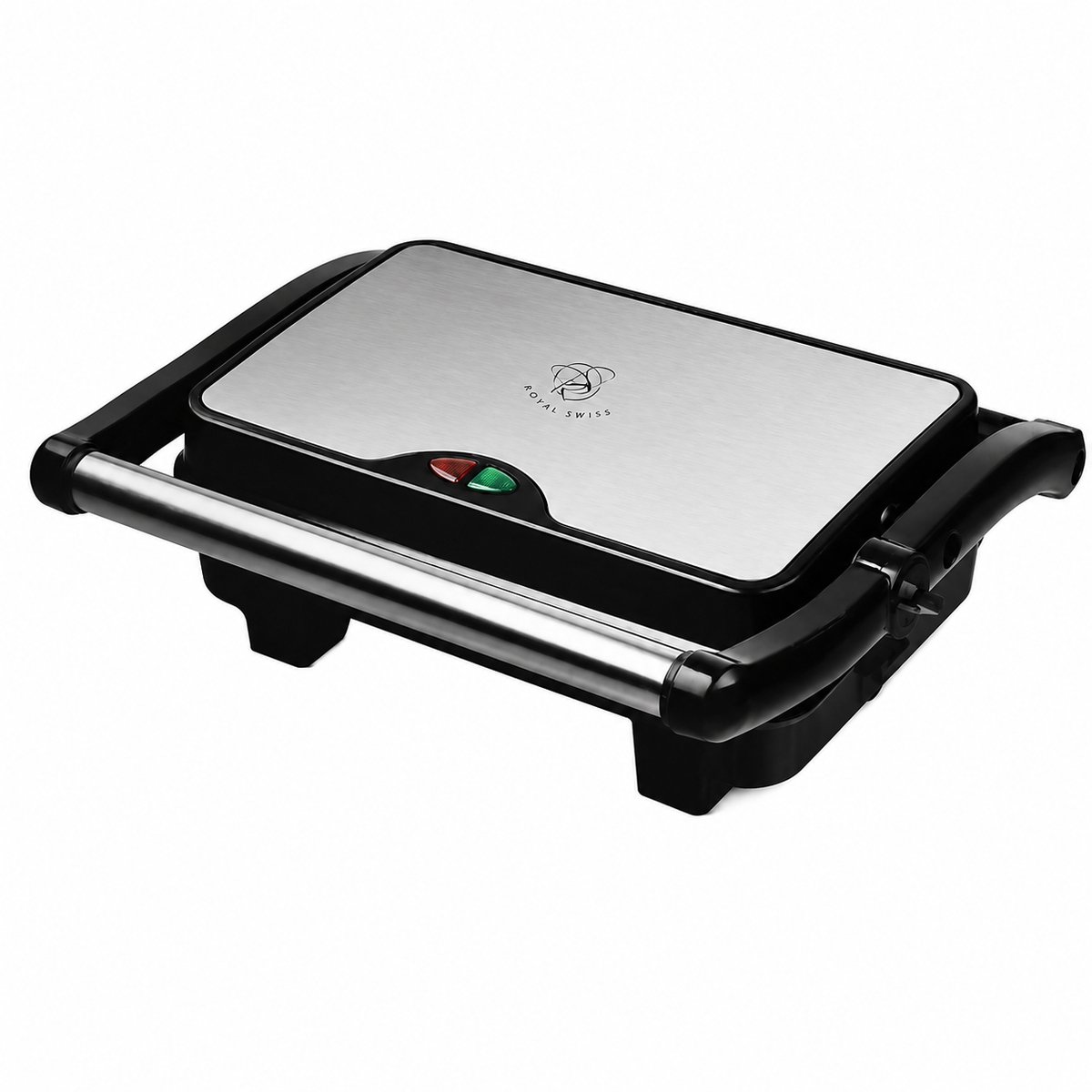 Royal Swiss® Contactgrill 1500W – Elektrische Grill met Antiaanbaklaag – RVS Bovenkant – Cool-Touch Handvat – Druipbakje – Voor Panini, Vlees, Vis & Groenten