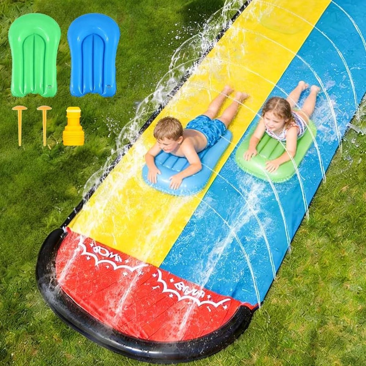Waterglijbaan Kinderen - Dubbele glijbaan - Zomerse pret - Ingebouwde sproeiers - 480 cm lang - Blauw en geel