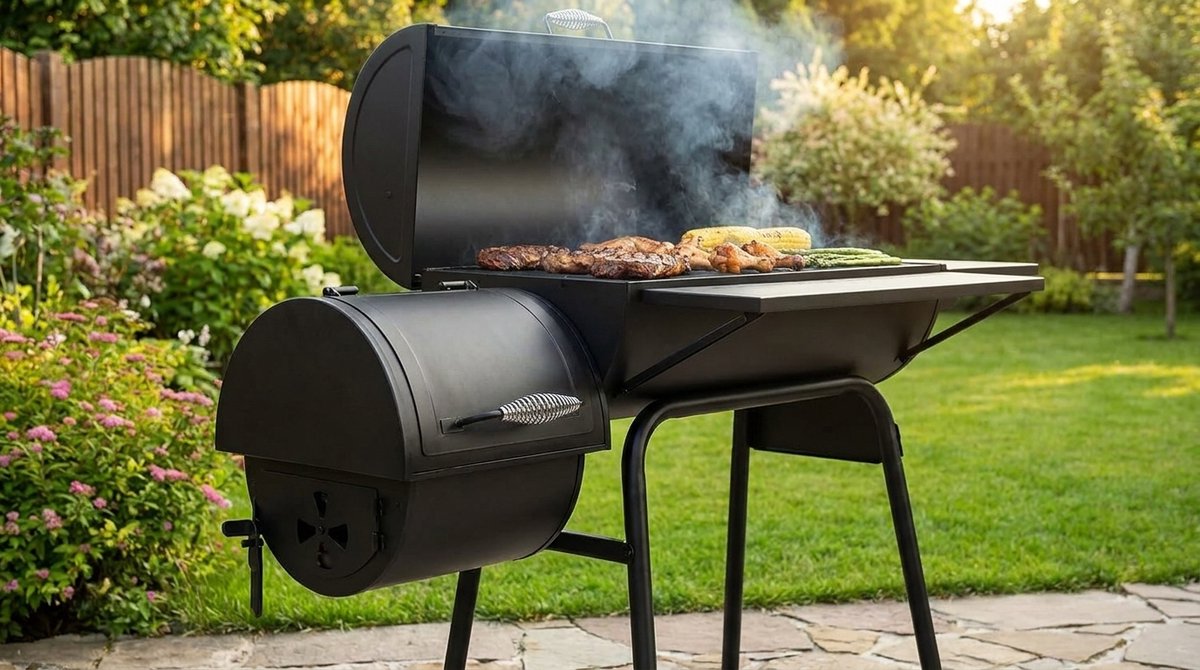 Houtskoolbarbecue House&Garden Smoker Pro XXL – BBQ Grillwagen met Deksel, Rookoven, Thermometer & Zijtafels – Grote Houtskool Grill Smoker voor Buiten – Verrijdbare Barbecue Grill met Schoorsteen – 147x126x126 cm – Zwart