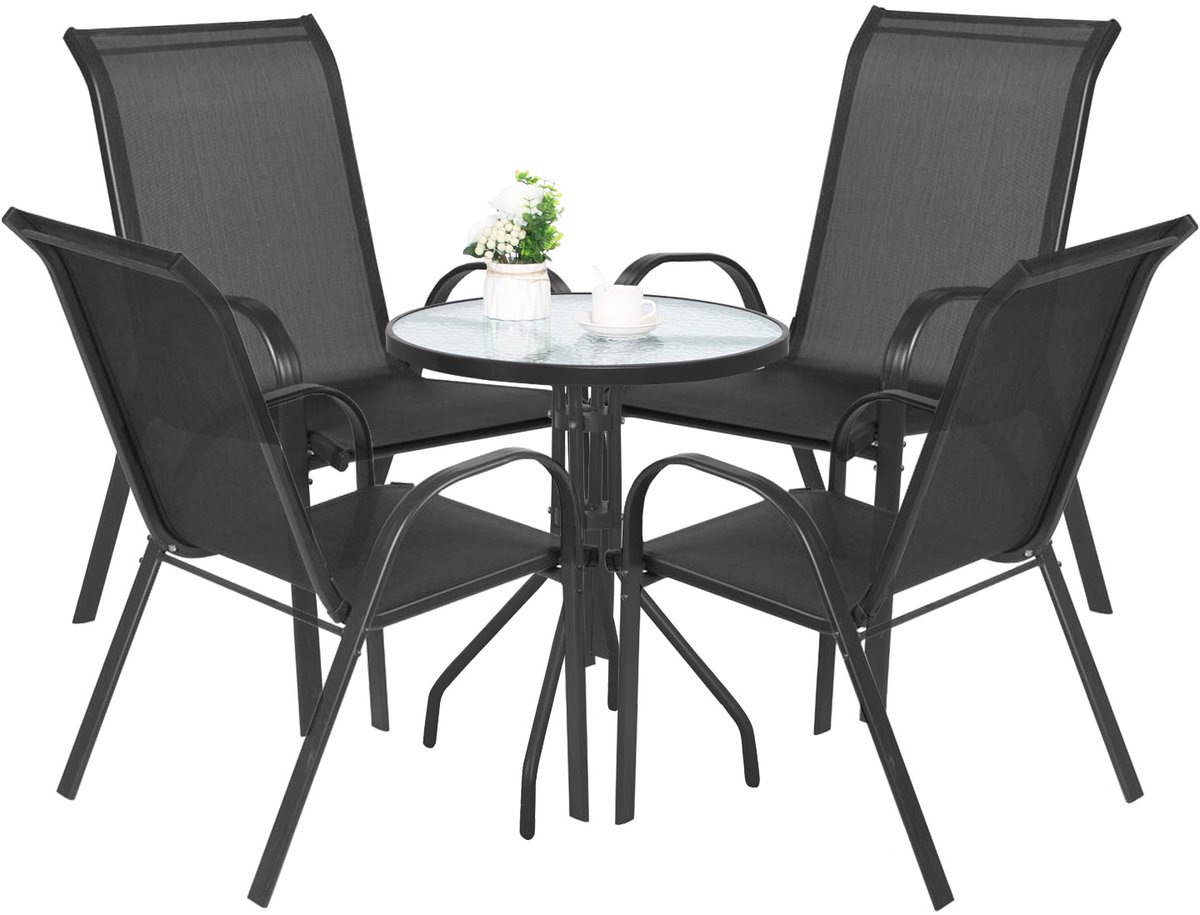 5-delige tuinset: ronde tafel ISLAND Ø60 cm + 4x SOFIA stoelen – donkergrijs / zwart – balkon & tuin