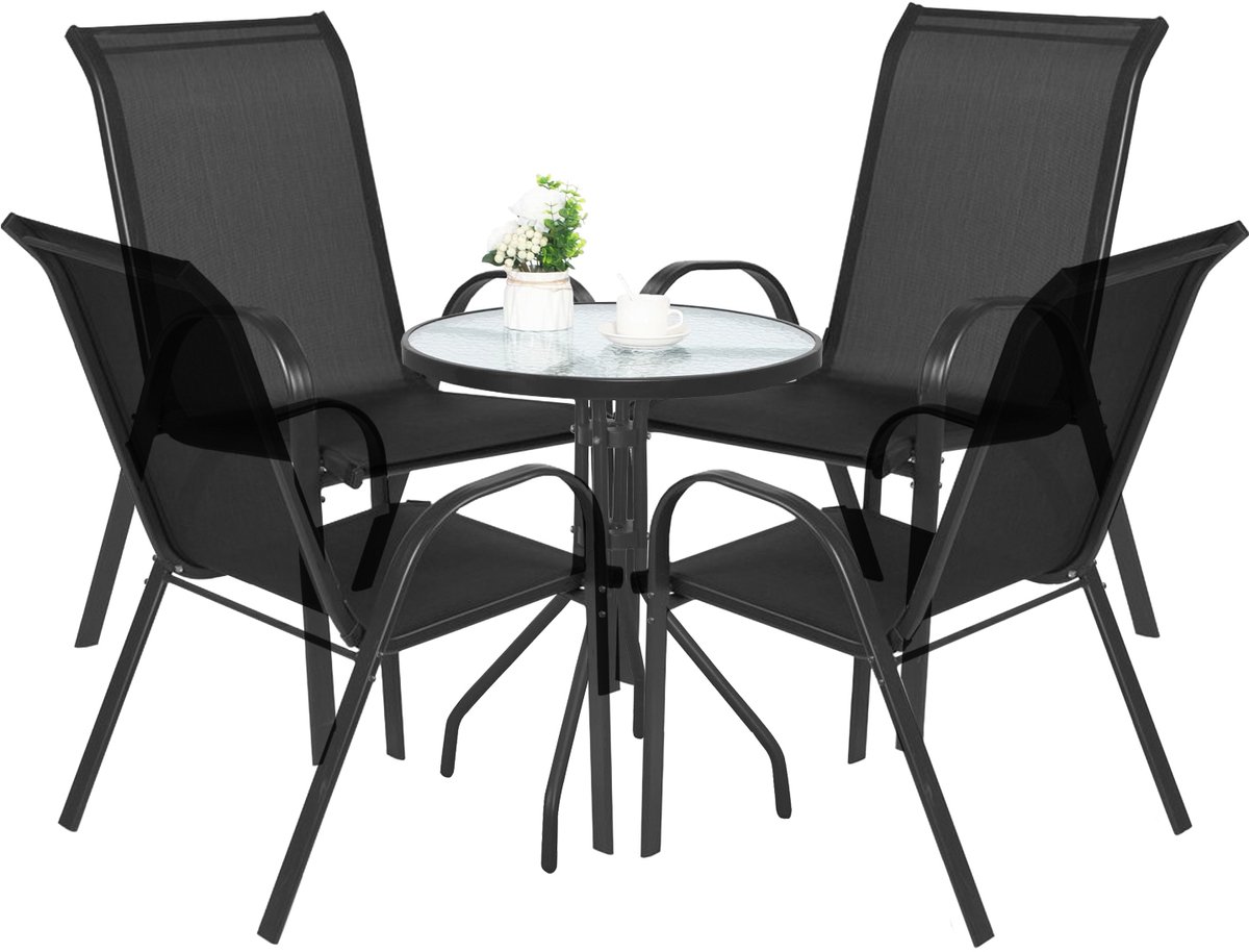 5-delige tuinset: ronde tafel ISLAND Ø60 cm + 4x SOFIA Stoelen Zwart – Compact Balkon/Terras Set