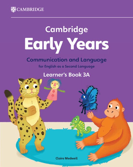 Cambridge Early Years Learner's Book 3A, communicatie en taal voor Engels als tweede taal. Een luipaard, orang-oetan, hagedis en vlinder op een blauw kleed.