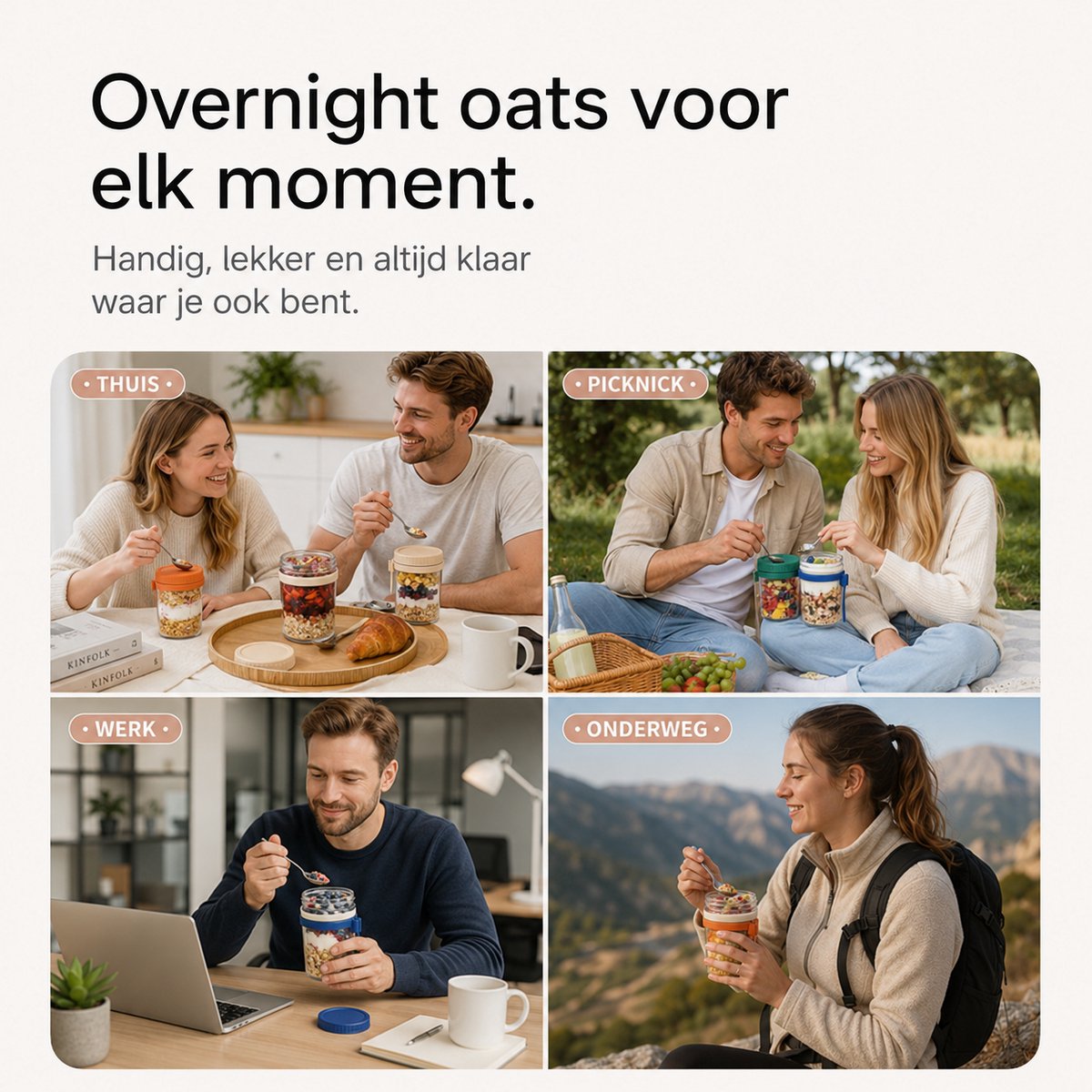 BOTC Overnight Oats Potjes - Voorraadpotten - Set van 4 met Lepels - 4x475ml Mason Jar - Glazen Potjes met deksels - Mason Jar - Lekvrij ontwerp — cadeau in Kookcadeaus - foto 7