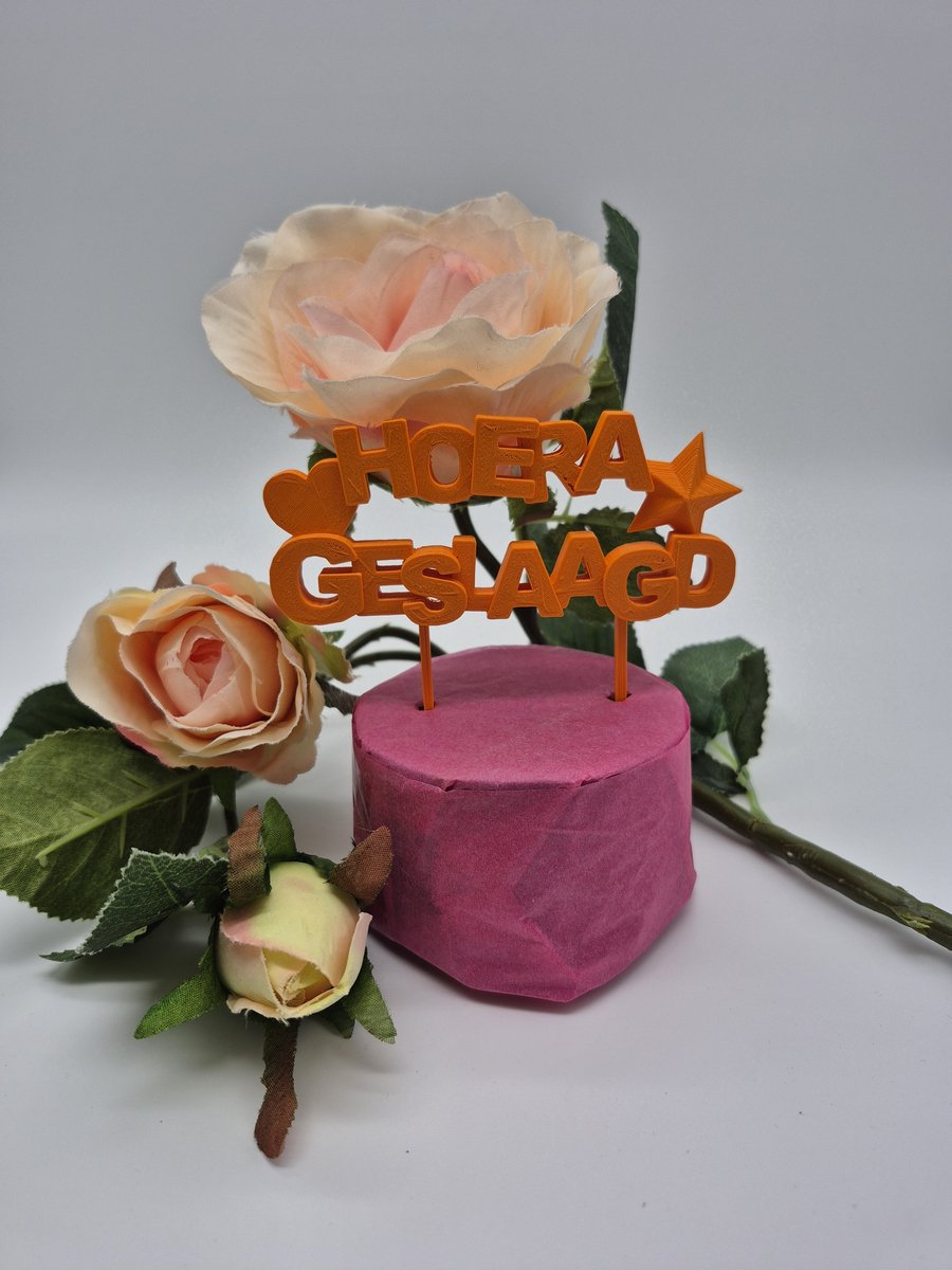 Caketopper Hoera Geslaagd oranje