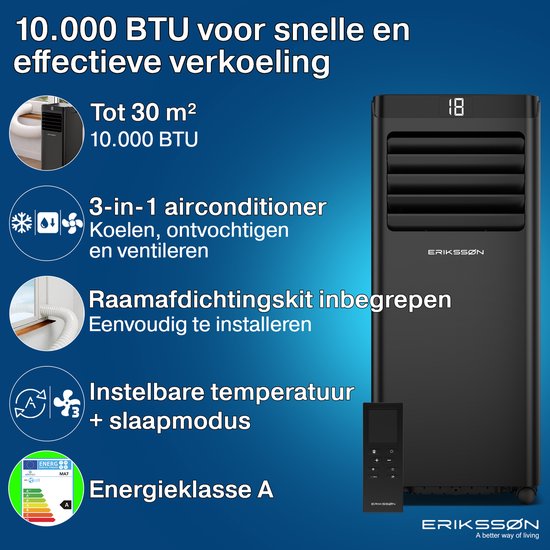Zwarte mobiele airco met display en afstandsbediening. Rechts een overlay met: 10.000 BTU, 30m², 3-in-1 airconditioner (koelen, ontvochtigen, ventileren), raamafdichtingskit, instelbare temp.+slaapmodus, energielabel A.