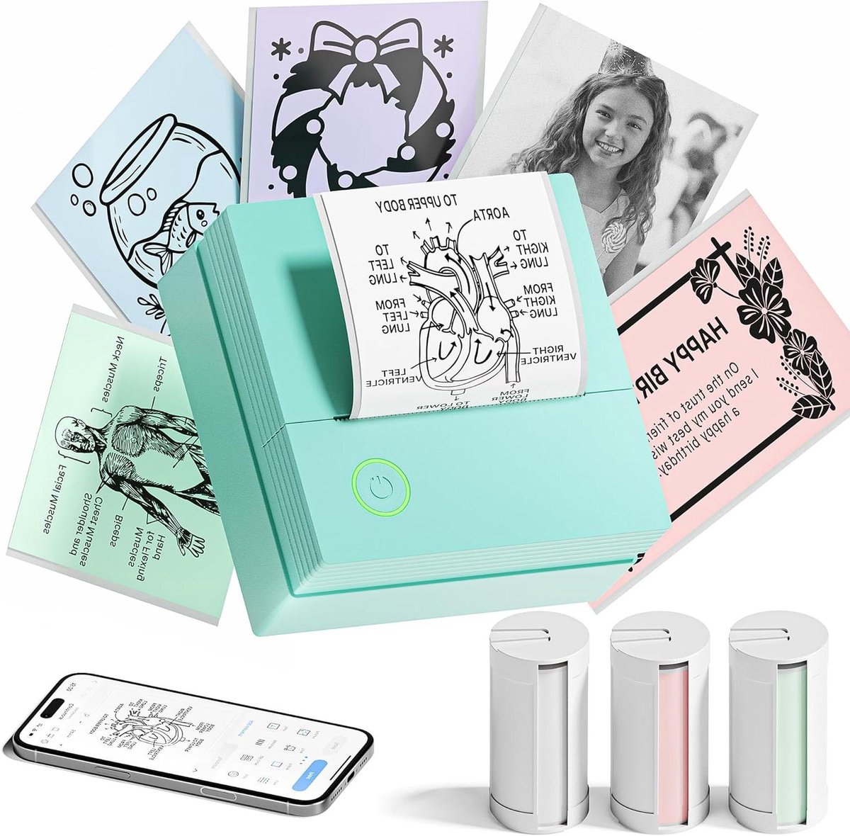 Mini Printer - Thermische Printer - Notities Printen - Bluetooth Connectie - 3 Rollen Papier - Groen