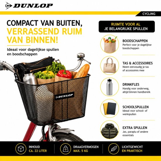 Dunlop Fietsmand Stuur 22L - Fiets Mand met Handvat en Haken - Fietsmandje 34 x 24,5 x 26 cm - Geschikt voor Elektrische Fiets, Omafiets en Stadsfiets - Metaal - Zwart van Dunlop — afbeelding 4