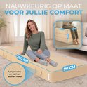 Vrouw zit op een crèmekleurig, 200 cm lang matras. Matras is 90 cm breed. Afmetingen 67x90x45 cm op de bijgevoegde foto. "Aangename en zachte stoffen hoes".