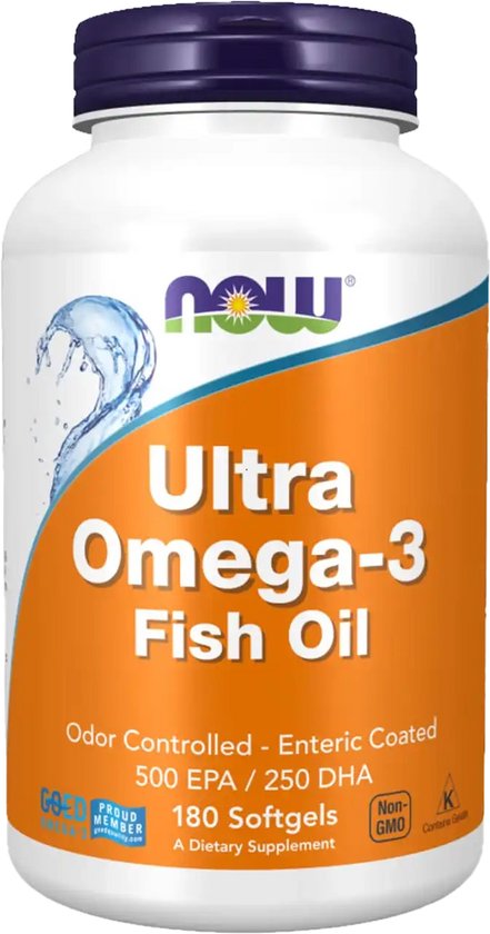 Witte fles met NOW Ultra Omega-3 visolie, 180 softgels. Oranje en blauw label.