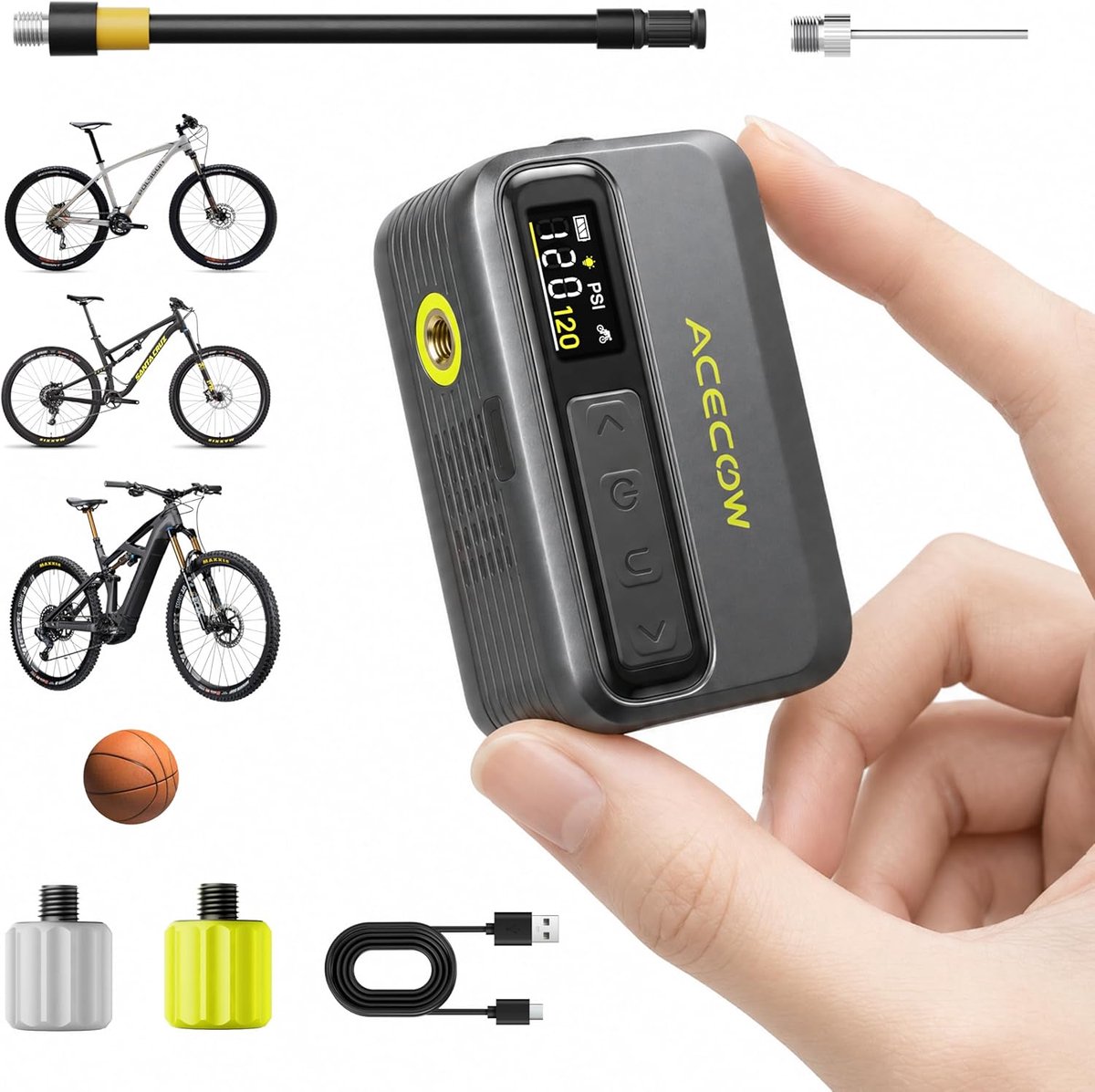 SMARTAI Draadloze elektrische luchtpomp - draagbare, op batterijen werkende fietspomp met alle ventielen - LED-verlichting - oplaadbare bandenpomp voor fietsen, e-bikes, auto's en motorfietsen, Fietsen en Sportballen