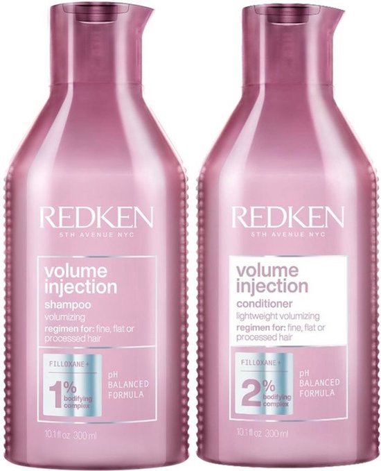 Deux flacons roses Redken Volume Injection, shampooing et après-shampoing, avec texte.