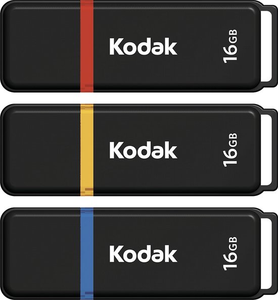 Kodak II Classic K102 Series Clé USB - 16 Go - Clé USB - USB 2.0 - Capuchon de protection - Jaune/ Bleu/ Rouge - Pack de 3