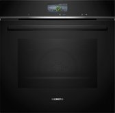 Zwarte Siemens inbouwoven met glazen deur en digitaal display bovenaan.
