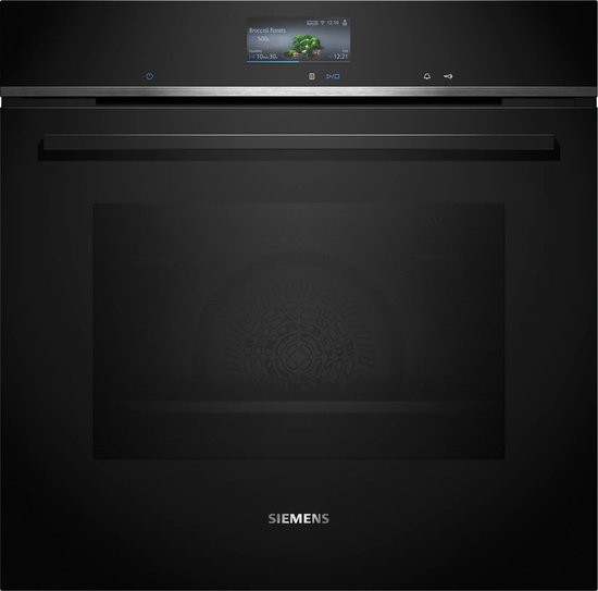 Zwarte Siemens inbouwoven met glazen deur en digitaal display bovenaan.