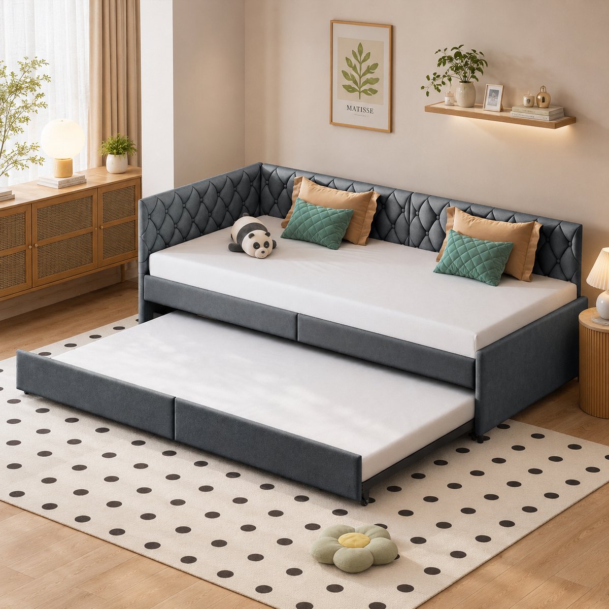 MEXUS Tweepersoonsbed, 90/90x200 cm, slaapbank met uittrekbaar bedframe, om te bouwen tot een tweepersoons slaapbank, lattenbodem, uitschuifbare slaapbank, geschikt voor volwassenen en tieners, Fluwelen Stof, DonkerGrijs Donker Grijs