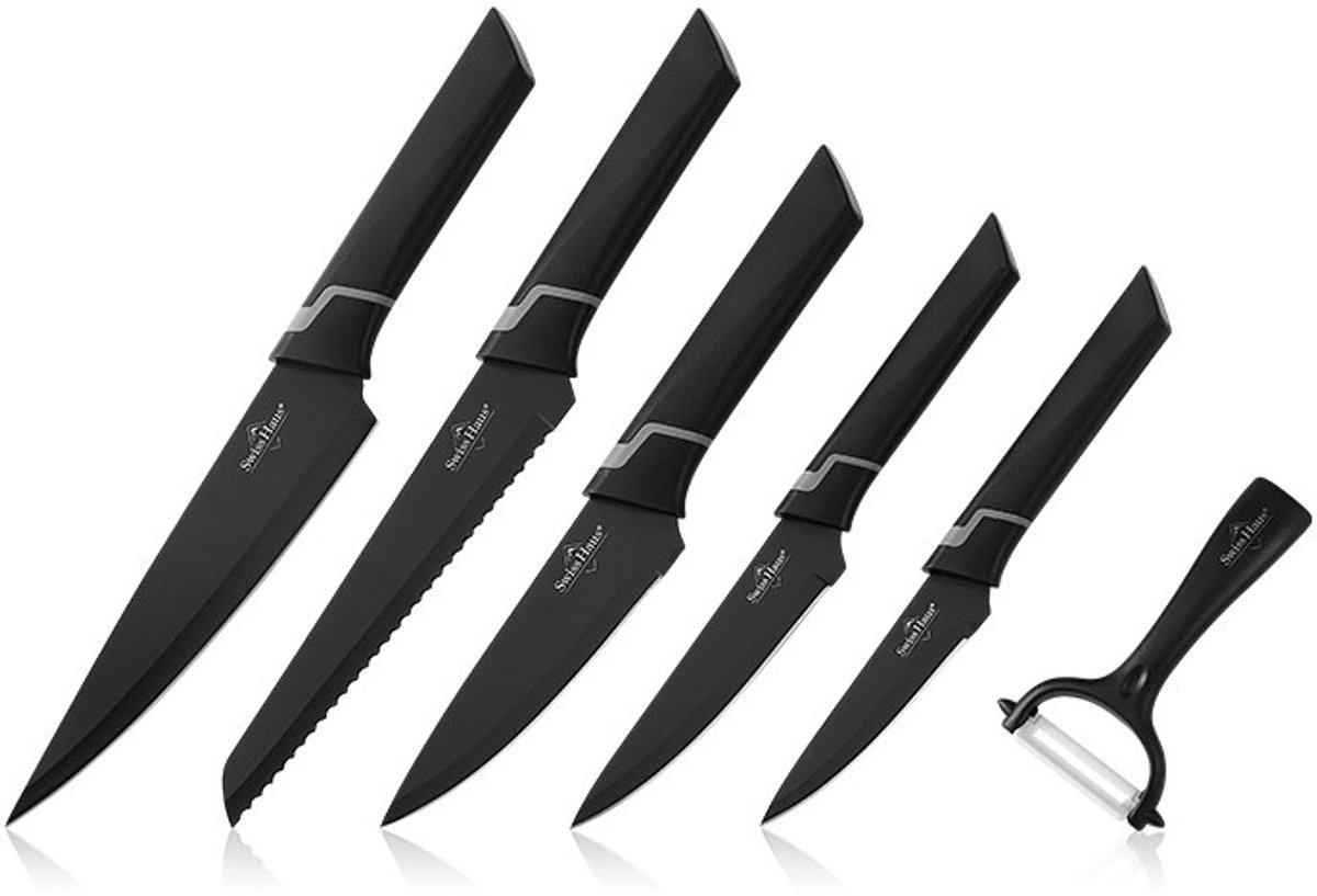 Swiss Haus® RB6B Messenset - 6 Delig Professionele Koksmessen Set met Broodmes, Koksmes, Vleesmes & Dunschiller – Antiaanbaklaag – Inclusief Geschenkdoos - Zwart