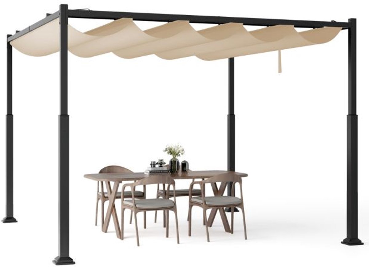 Pergola - 310 x 310 cm - Prieel - Paviljoen - Terras - Weerbestendig - Metalen Frame - Met zonwering - Beige en zwart