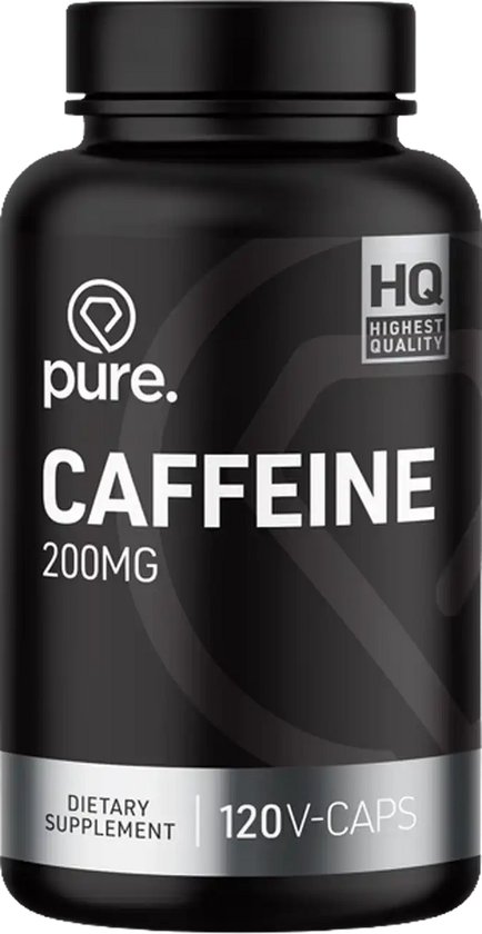 Zwarte pot met 'pure. CAFFEINE 200MG' en '120 V-CAPS' in witte letters.